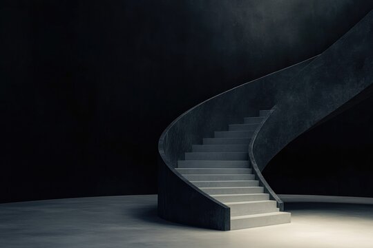 Curved staircase elegantly ascends in minimalistic, dimly lit sp