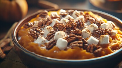 Sweet potato casserole topped with marshmallows