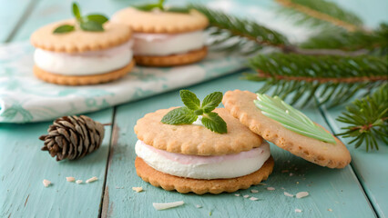 Festive Sandwich Cookies with Cream Filling and Mint Garnish Nice Decoration