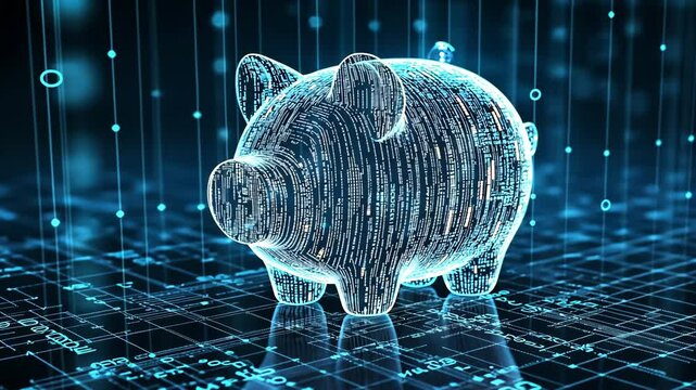 A virtual piggy bank set against a high tech blue backdrop, as a representation of digital finance management and applications