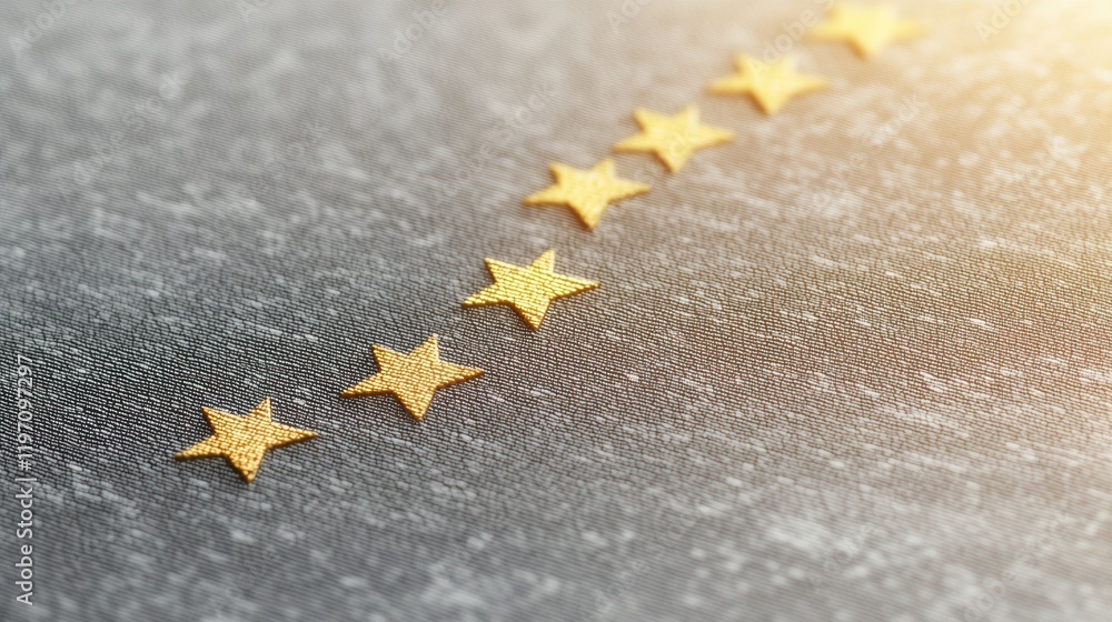Poster gleaming gold stars on a textured surface with soft lighting and bokeh effect