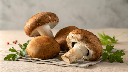 Fototapeta premium Fresh Brown Mushrooms with Parsley on Light Cloth