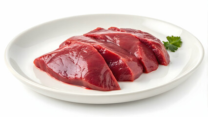 Fresh Raw Beef Liver Slices on White Plate with Parsley Garnish