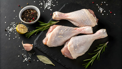 Fresh Raw Chicken Drumsticks with Garlic and Rosemary on Slate