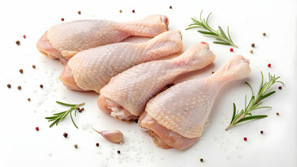 Fresh Raw Chicken Drumsticks with Herbs and Spices on Background