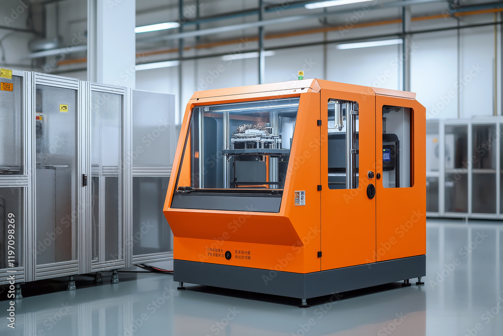Poster a fully automated industrial 3d printing machine in a factory setting.