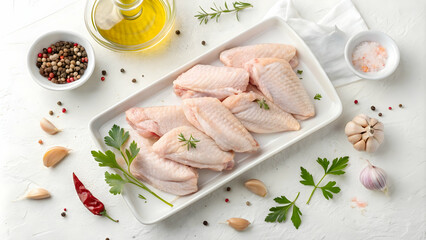 Fresh Raw Chicken Wings with Seasoning Ingredients on White Dish