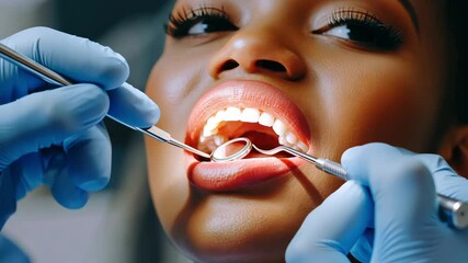 A dental professional examines a female patients teeth and gums using specialized tools in a modern clinic environment
