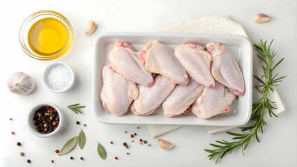 Fresh Raw Chicken Wings with Seasoning on White Plate