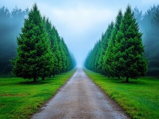 Fototapeta premium Serene Landscape of Pine Trees Lining a Foggy Dirt Road, Inviting Tranquility Through Nature's Calm and Beauty in a Dreamlike Setting