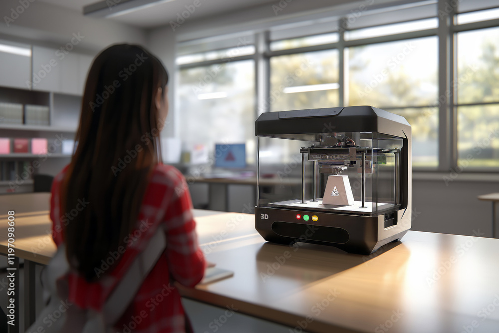 Poster a student in a modern classroom observing a 3d printer producing a prototype.