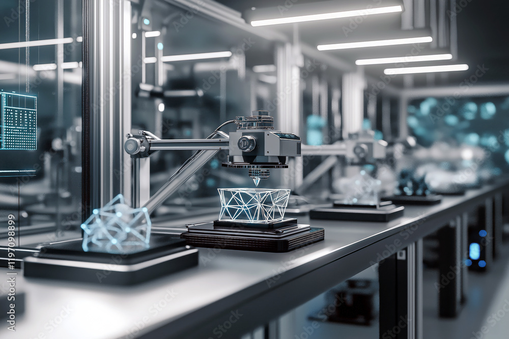 Poster a high-tech lab featuring multiple 3d printers producing intricate designs.
