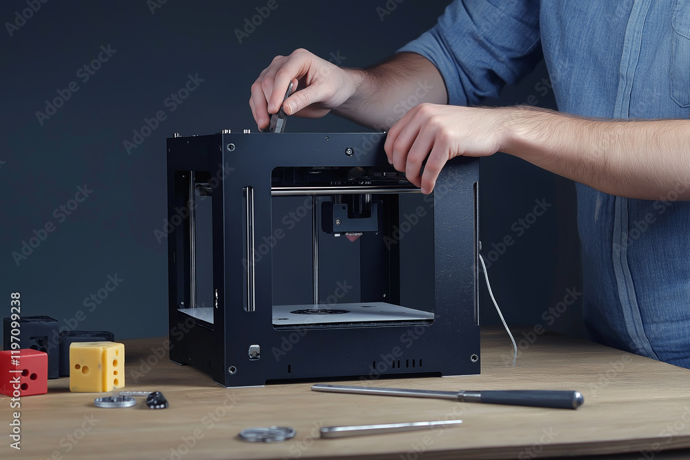 Poster hands of an engineer calibrating a 3d printer with tools on a wooden table.