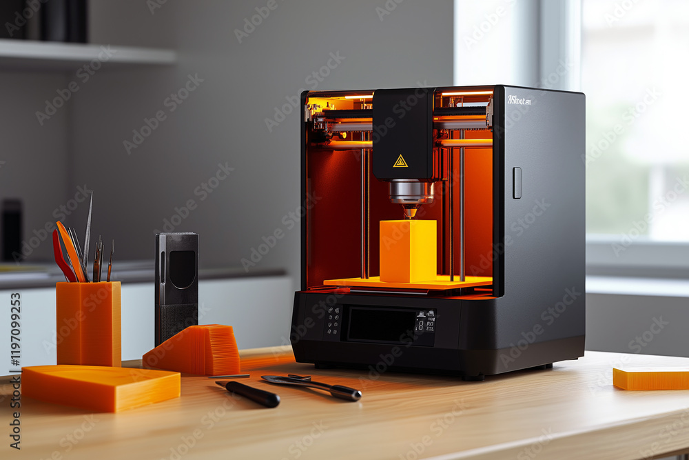Poster modern desktop 3d printer creating a bright orange object, surrounded by precision tools and materia