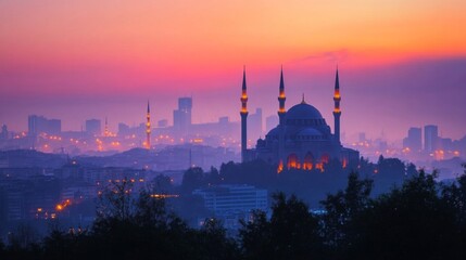 Majestic Mosque at Dawn City Skyline View