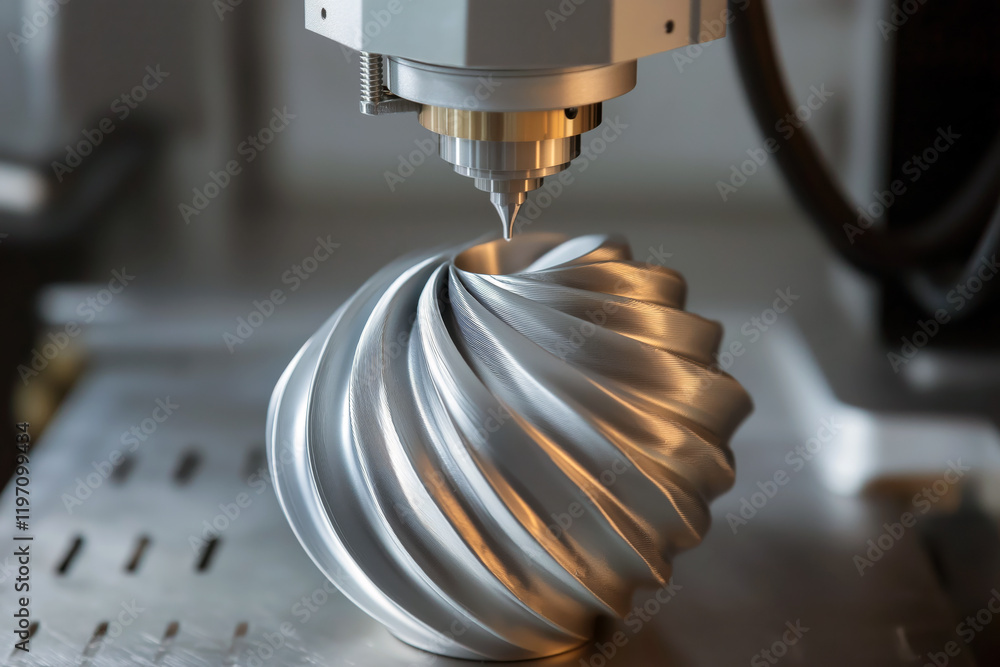 Poster top-down view of a 3d printer working on a spiral vase with a metallic finish.