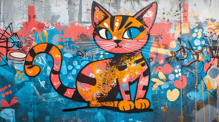 colorful cat graffiti style on a gray wall