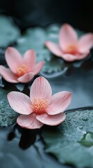 Pink flowers float on dark water, serene scene, spa background