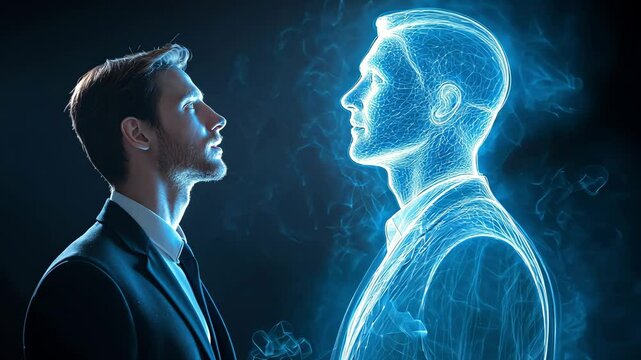 A businessman in formal attire stands in awe before a glowing holographic avatar of himself, reflecting on the connection between technology and self perception