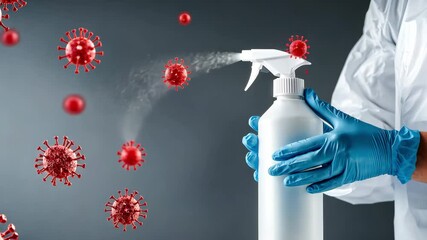 Person in protective gloves and hamzat suit showing cleaning product spray bottle to eliminate harmful viruses from surfaces, ensuring safety and hygiene on gray background