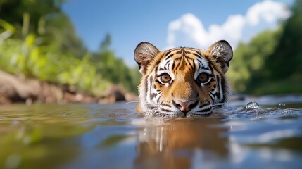 Majestic royal bengal tiger swimming gracefully in serene forest waters