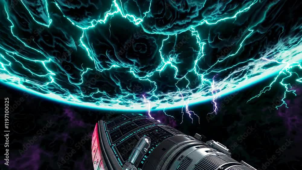 Poster exploring an electrifying cosmic storm with a futuristic spacecraft in deep space
