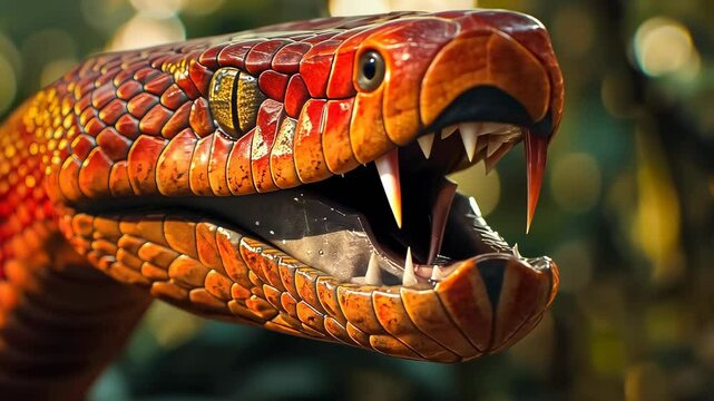 Lifelike red snake sculpture outdoors.glows evening light.Artistic portrayal nature.Detail showcases impressive craftsmanship.Striking colors enhance visual appeal.Represents peril or beauty art.