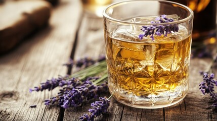 Fototapeta premium A stylish tumbler filled with herbal iced tea and a sprig of fresh lavender.