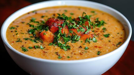 Creamy butternut squash soup, garnished with roasted squash and herbs, served in a white bowl on a dark wooden table.  Recipe blog use