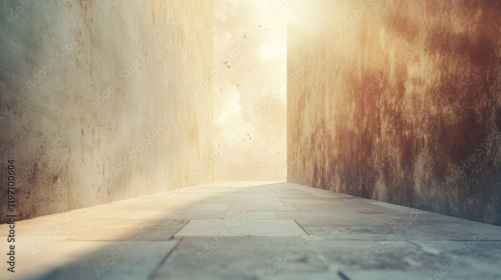 Poster bright pathway leading to a luminous horizon at dawn in a serene environment inviting reflection. ge