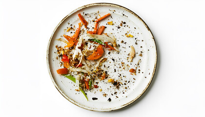 Dirty plate with food leftovers on white background, top view