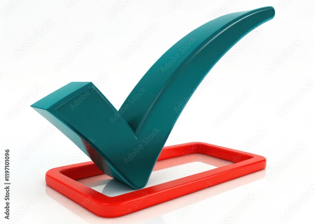 Poster a 3d check mark in teal color inside a red rectangular box, symbolizing approval or completion.
