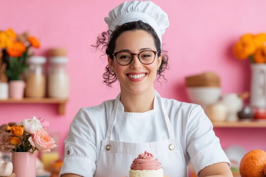 Happy baker in a bright kitchen preparing a cake with pink frosting and flowers on the table smiling at the camera