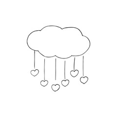 A hand-drawn cloud with hearts. Rain instead of drops, hearts. Isolated illustration on a white background.
