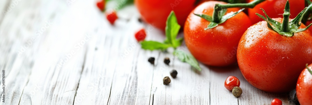 Leinwandbilder fresh red tomatoes surrounded by green herbs and spices on a wooden table creating an inviting culin