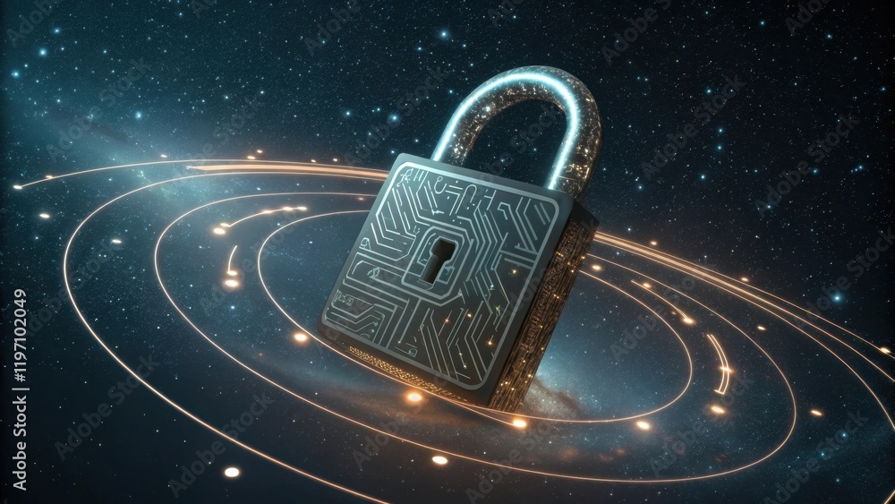 Poster a futuristic padlock with a circuit design floats in space, surrounded by glowing orbits, symbolizin