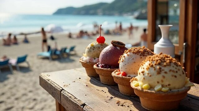 Helado en cono de galleta con toppings en un puesto de playa