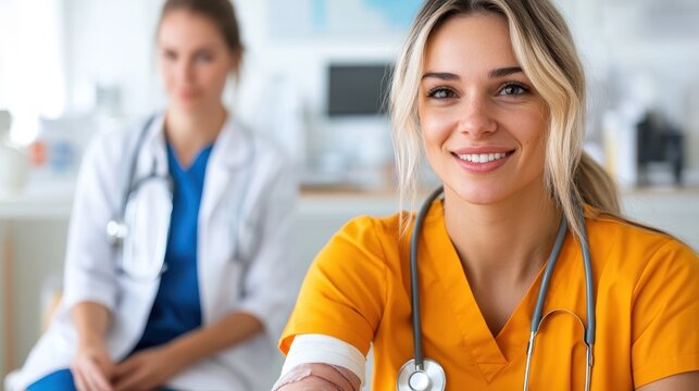 Young woman discusses limb injury with orthopedic specialist in clinic setting