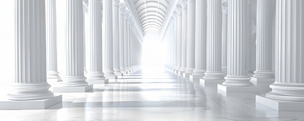 A long hallway with white pillars