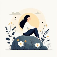 Woman Sitting Peacefully on a Rock Surrounded by Flowers and Sunlight in a Calm Nature Scene