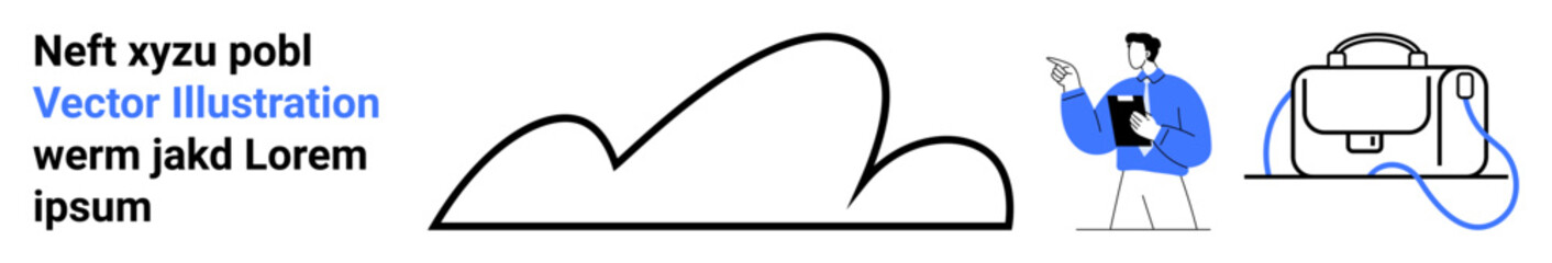 Abstract black cloud, person pointing while holding clipboard, and modern backpack. Ideal for technology, business, cloud storage, education, e-learning, travel, and organizational tools. Landing