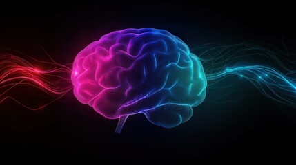 Futuristic Brain Illustration with Colorful Waves Representing Neurotransmission and Cognitive Activity