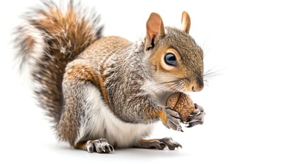 Obraz premium A squirrel sits on a white background, holding a nut in its paws.