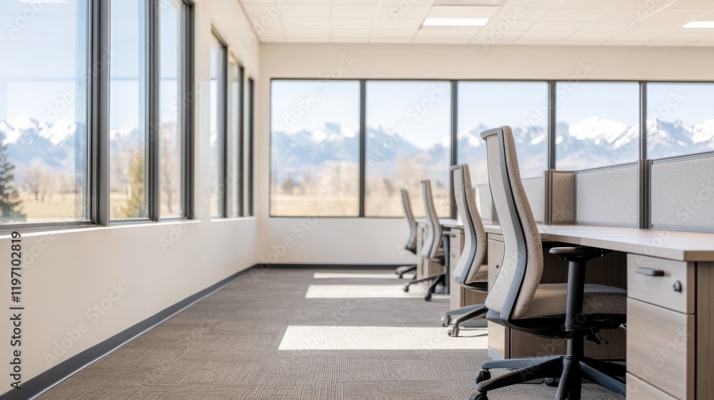 Aufkleber empty modern office with desks and chairs enjoying mountain view