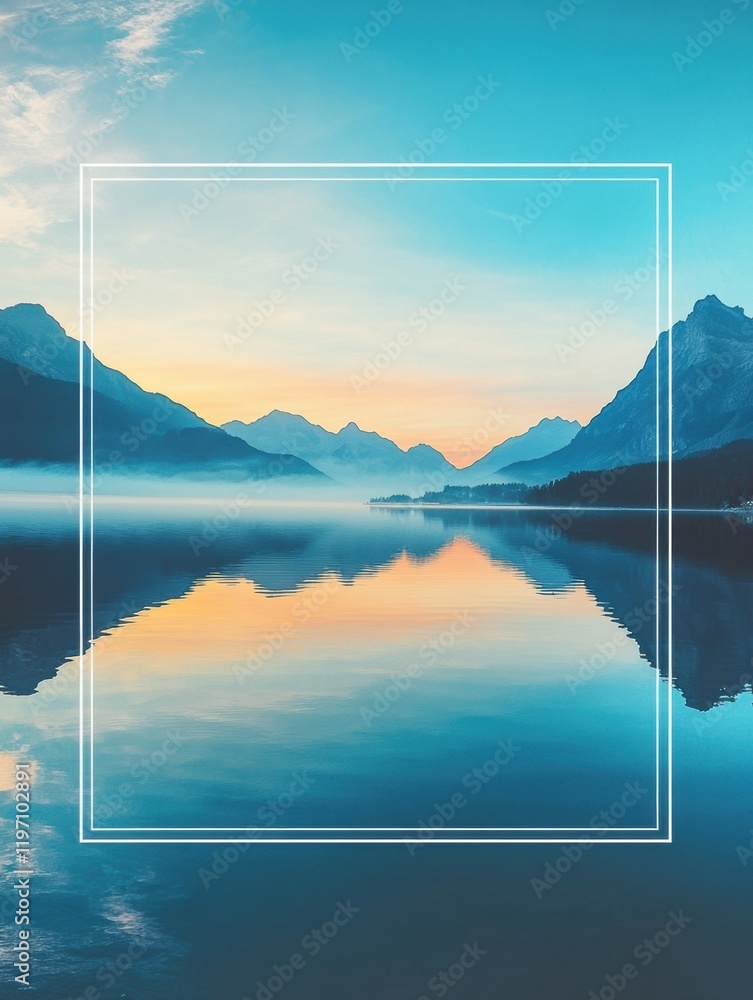 Poster serene lake reflection at dawn with ample space for text placement in a breathtaking natural setting