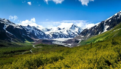 Fototapeta premium Picturesque Mountains of Alaska in summer. Snow covered massifs,