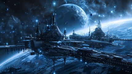 A futuristic space station with a planet in the background.