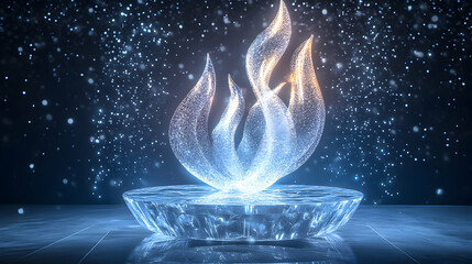 Illuminated crystal flame sculpture radiating light in a dark space with shimmering particles