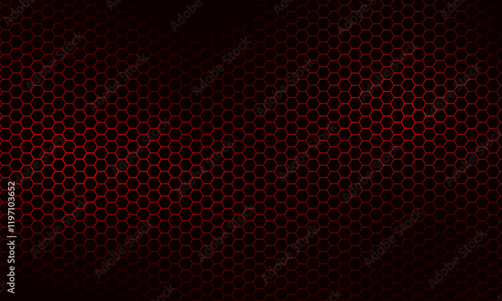 Wall mural abstract modern dark background red neon hexagons texture, honeycomb gradient colors, vector templat