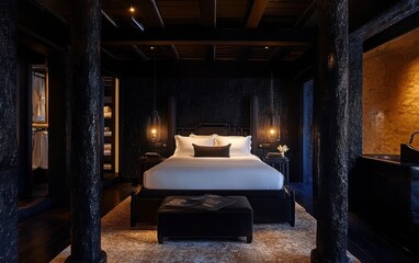 A perspective view of a luxurious bedroom with a king-sized bed, framed by textured black walls that create a bold contrast. 